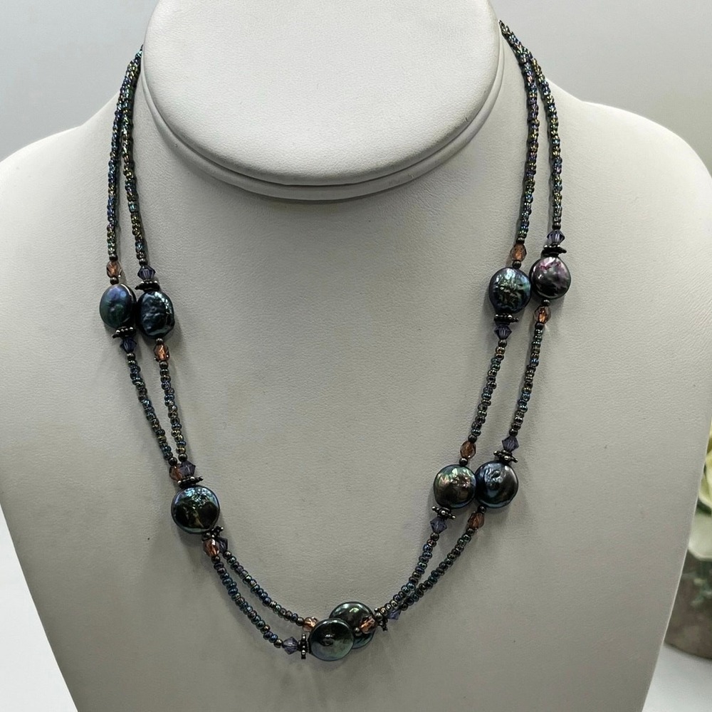 Artisan Sterling Double Strand beaded Iridescent Peacock Coin‎ Pearl Necklace